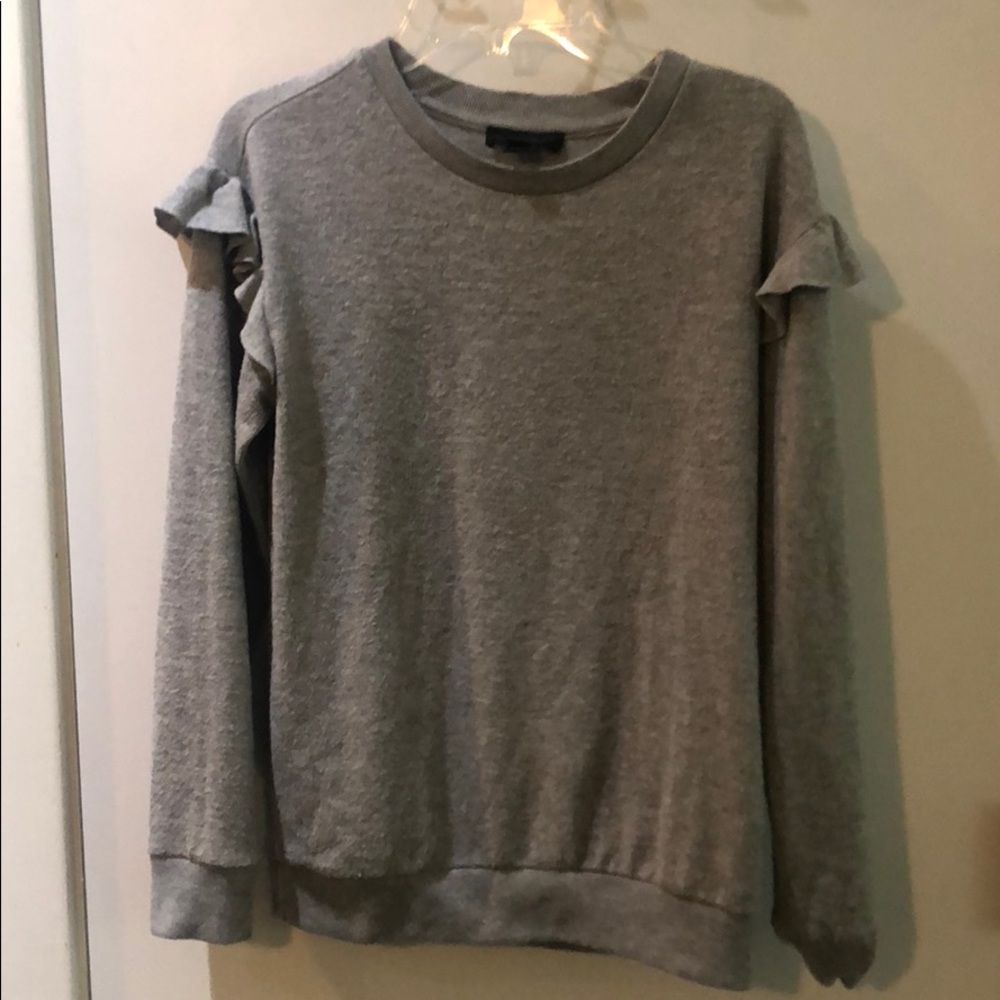 Gray j crew ruffle shoulder sweater
